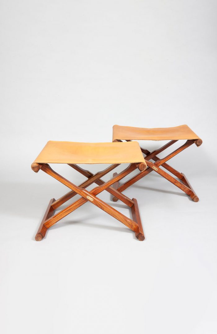 Mogens Lassen pair of teak, brass and original leather folding stools